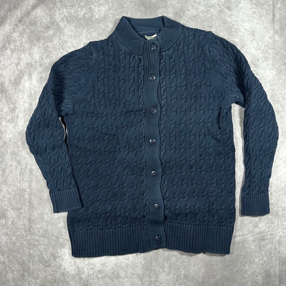 L.L. Bean Mens L Navy Blue Cable Knit Crewneck Cardigan 100% Cotton Grandpacore